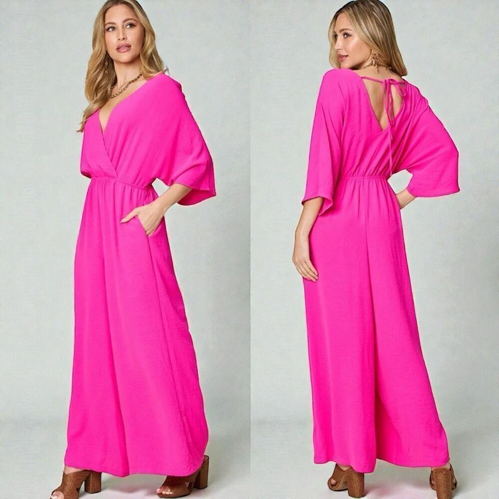 Hot Pink Surplice Wide Leg Dolman Sleeve Jumpsuit with Pockets NWT
